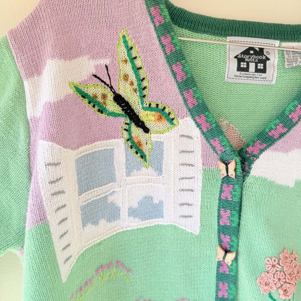 Vintage Storybook Butterfly and Floral Garden Knit Cardigan Sweater - Picture 14 of 15